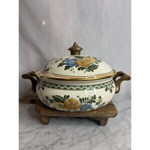 Vintage Asta German Casserole Pot With Lid Floral With Brass Handles